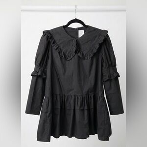 Stylenanda Black Poplin Ruffle Collar Mini Dress Peter Pan Cotton K-Fashion M